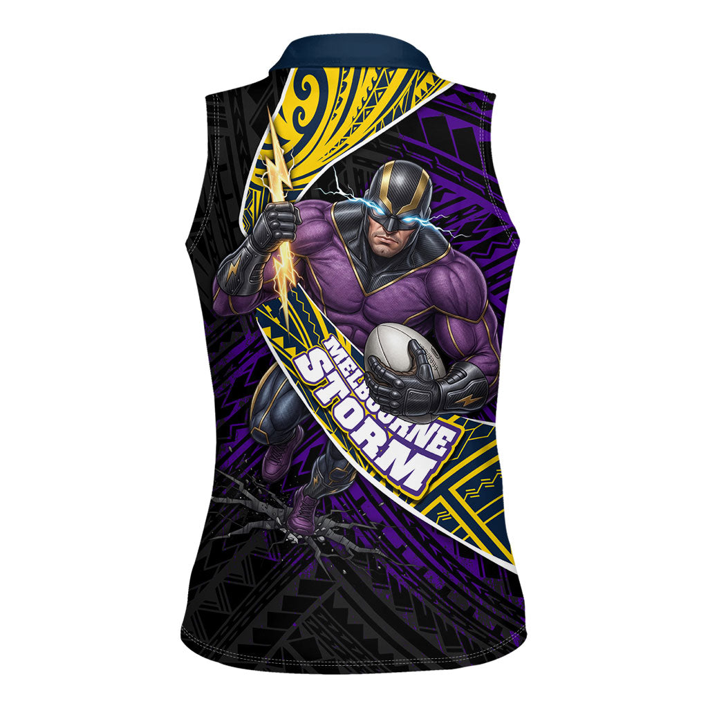 Melbourne Storm Rugby Women Sleeveless Polo Shirt Tribal Polynesian Power Art - Lightning Mascot