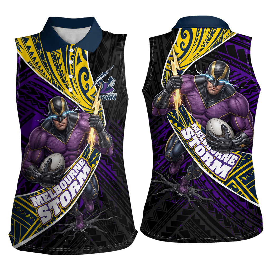Melbourne Storm Rugby Women Sleeveless Polo Shirt Tribal Polynesian Power Art - Lightning Mascot
