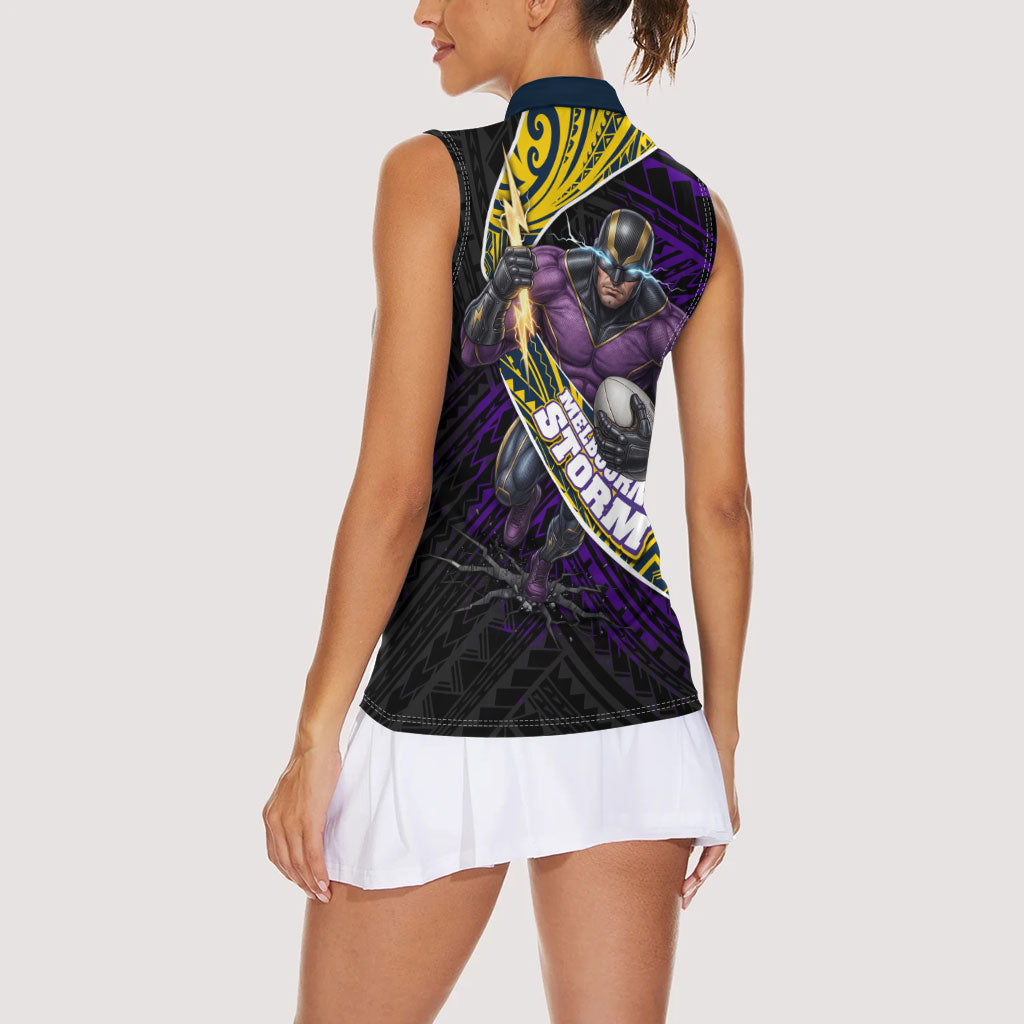 Melbourne Storm Rugby Women Sleeveless Polo Shirt Tribal Polynesian Power Art - Lightning Mascot