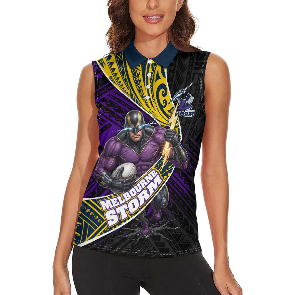 Melbourne Storm Rugby Women Sleeveless Polo Shirt Tribal Polynesian Power Art - Lightning Mascot