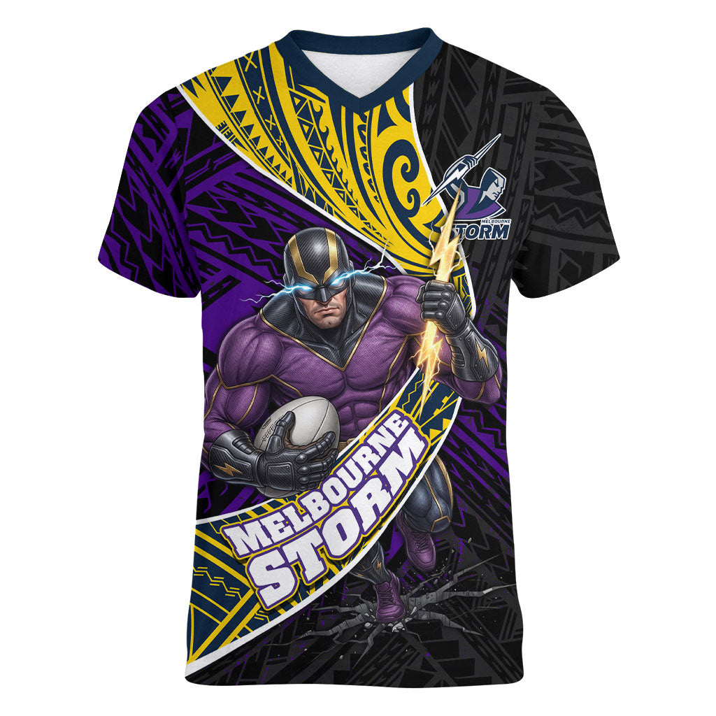 Melbourne Storm Rugby Women V-Neck T-Shirt Tribal Polynesian Power Art - Lightning Mascot