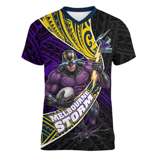 Melbourne Storm Rugby Women V-Neck T-Shirt Tribal Polynesian Power Art - Lightning Mascot