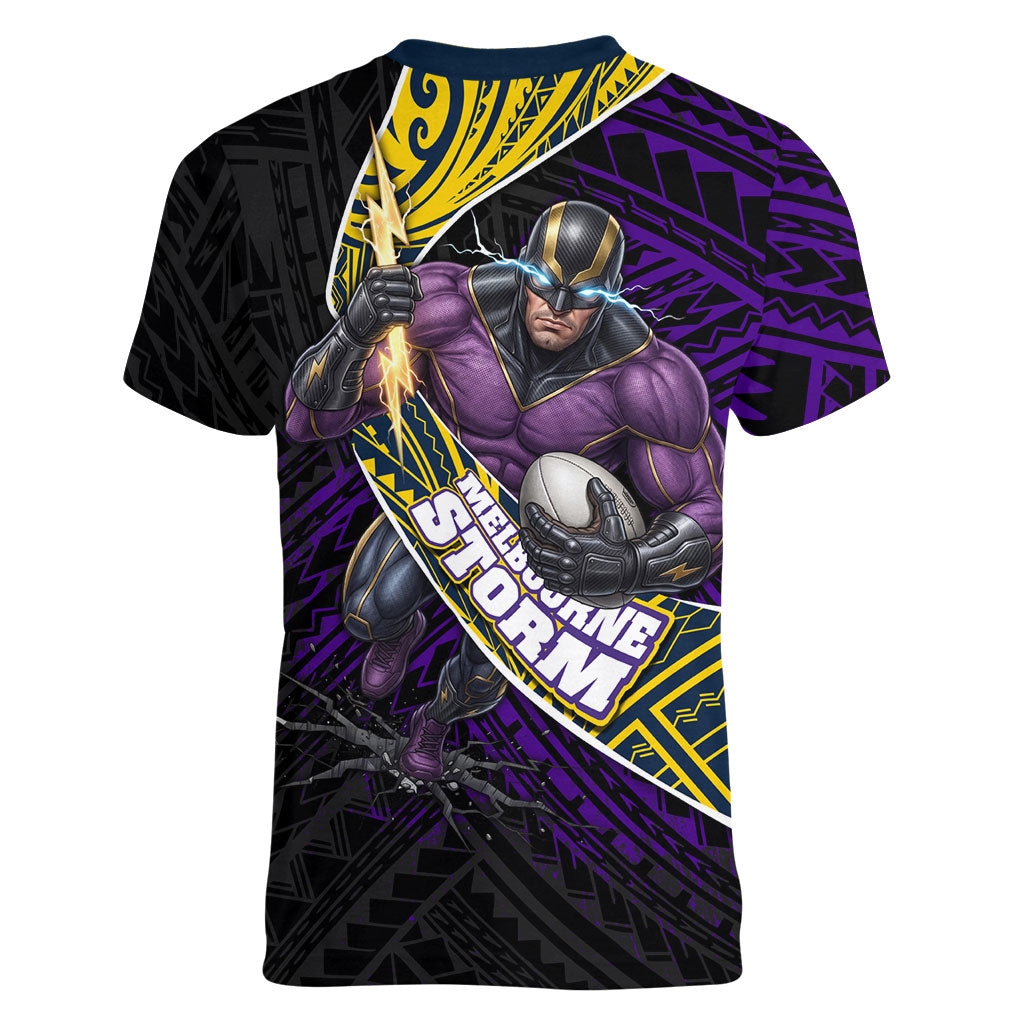Melbourne Storm Rugby Women V-Neck T-Shirt Tribal Polynesian Power Art - Lightning Mascot