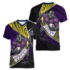 Melbourne Storm Rugby Women V-Neck T-Shirt Tribal Polynesian Power Art - Lightning Mascot