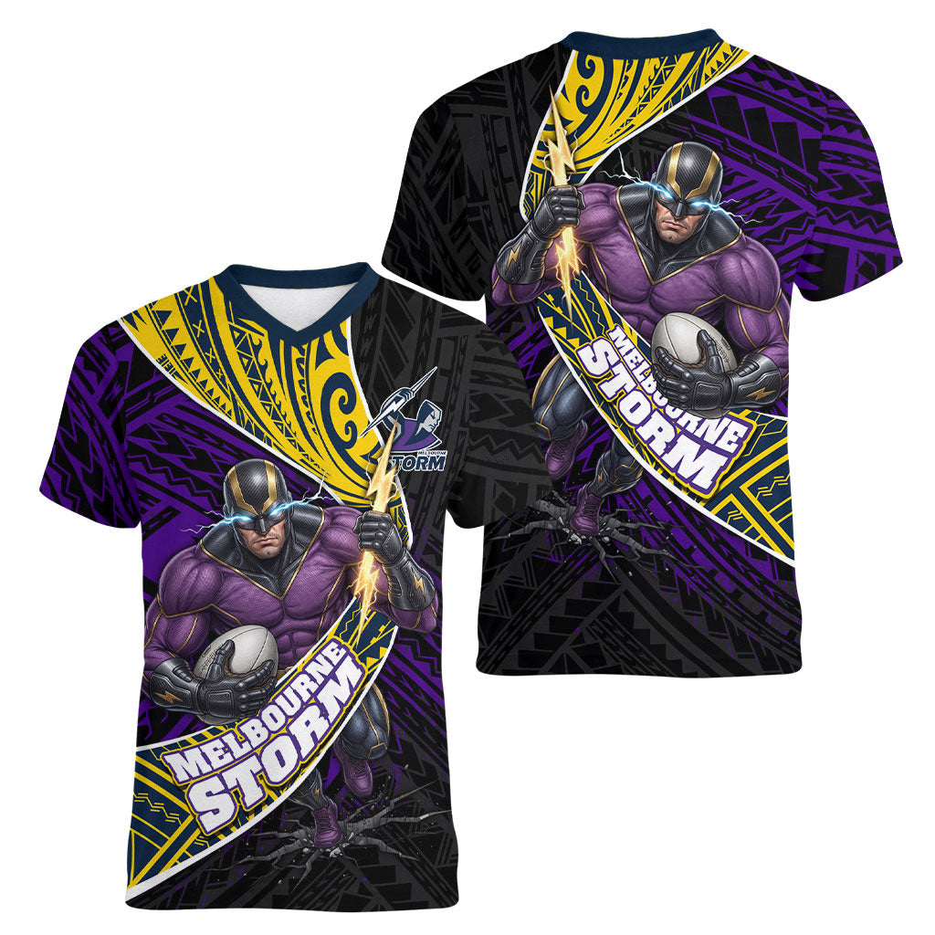 Melbourne Storm Rugby Women V-Neck T-Shirt Tribal Polynesian Power Art - Lightning Mascot