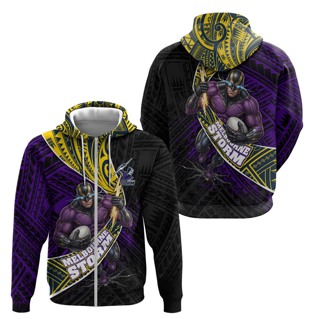 Melbourne Storm Rugby Zip Hoodie Tribal Polynesian Power Art - Lightning Mascot