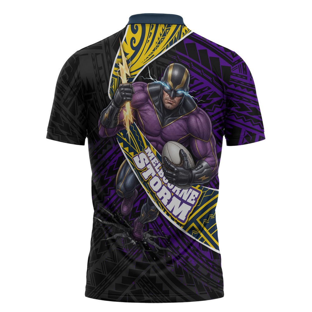 Melbourne Storm Rugby Zipper Polo Shirt Tribal Polynesian Power Art - Lightning Mascot