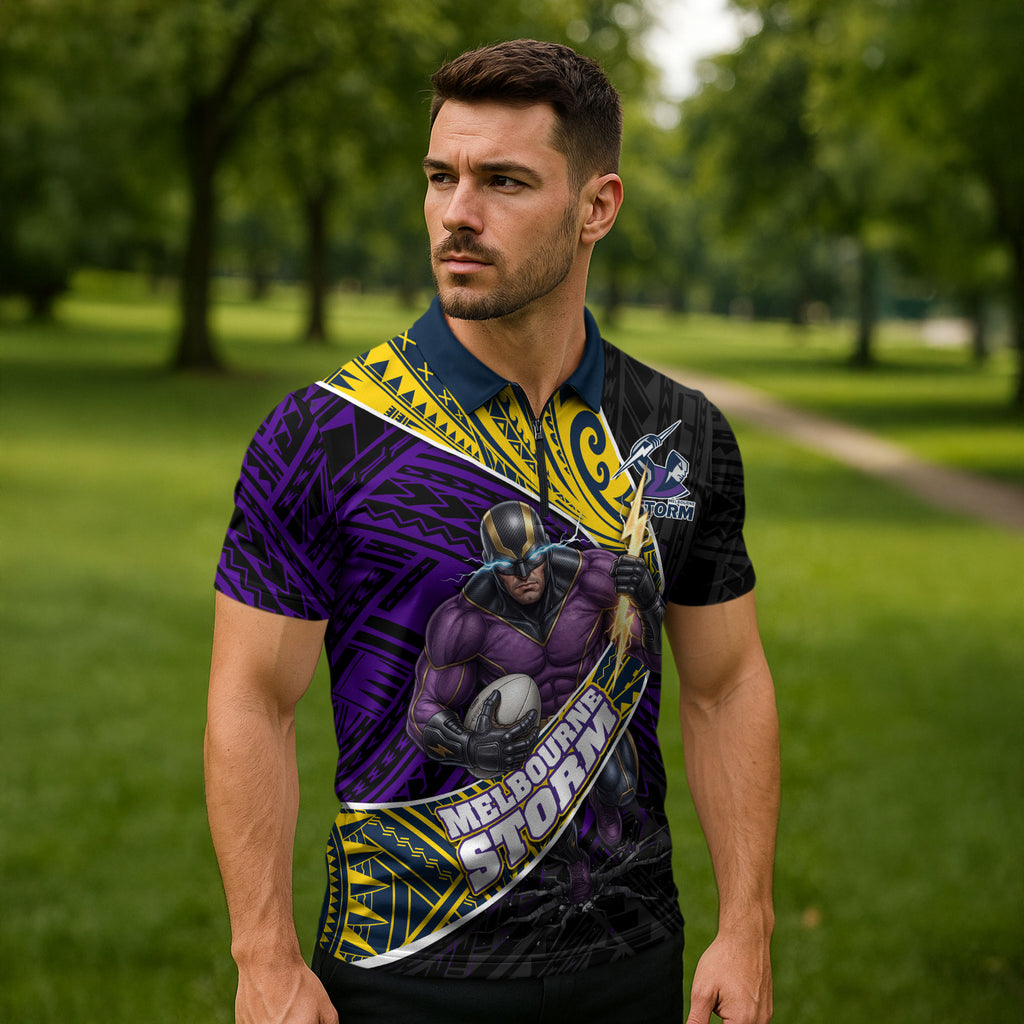 Melbourne Storm Rugby Zipper Polo Shirt Tribal Polynesian Power Art - Lightning Mascot