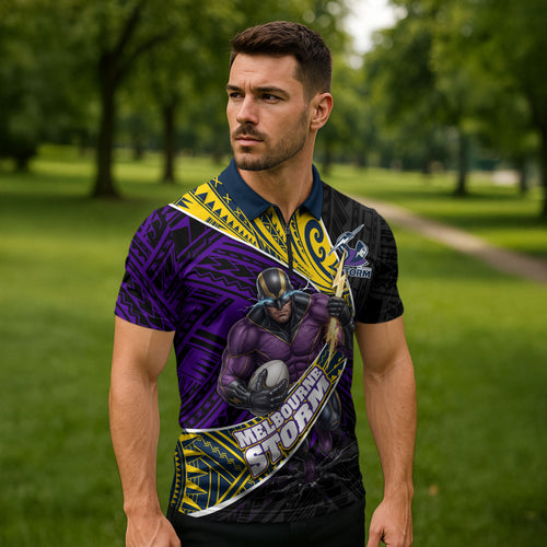 Melbourne Storm Rugby Zipper Polo Shirt Tribal Polynesian Power Art - Lightning Mascot