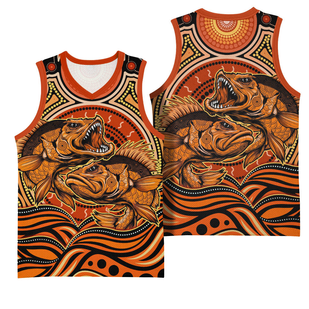 Barramundi Fish Basketball Jersey Aboriginal Dot Art Indigenous Pattern