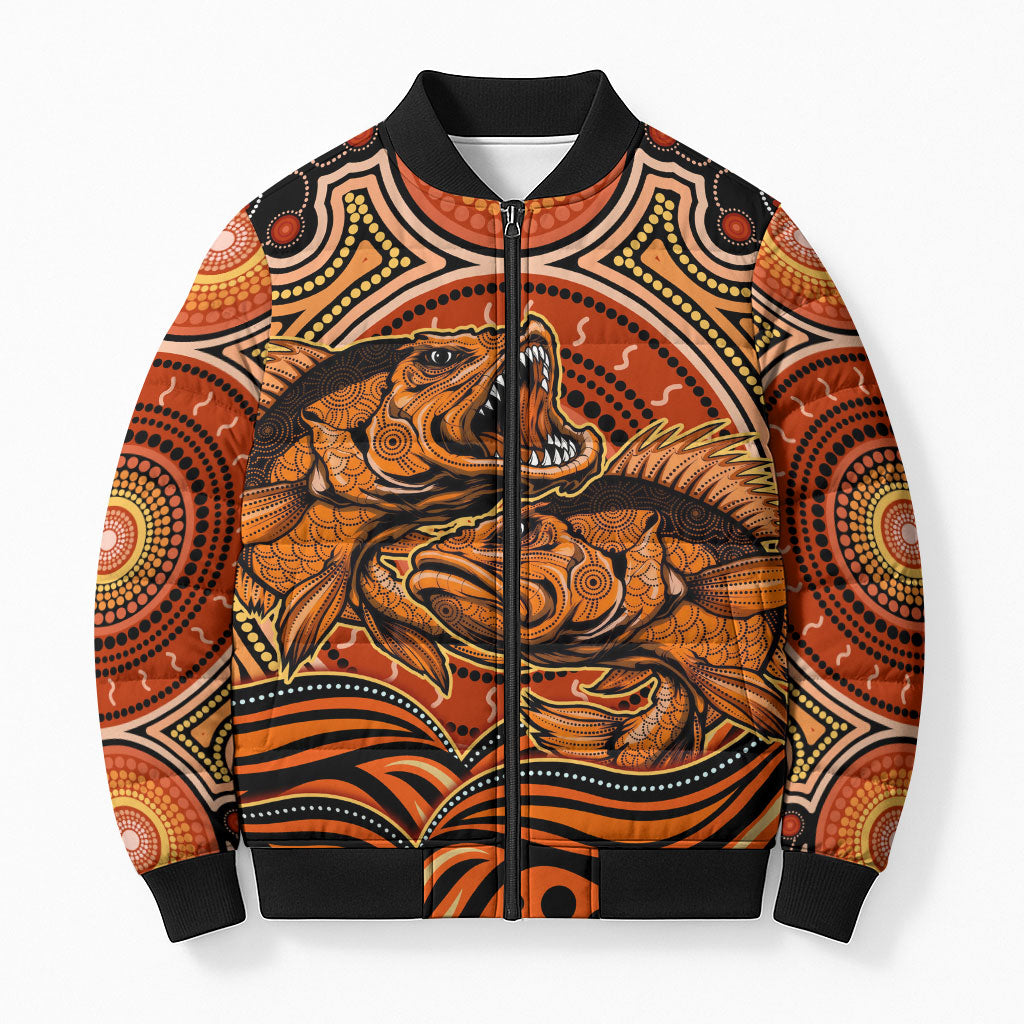 Barramundi Fish Bomber Puffer Jacket Aboriginal Dot Art Indigenous Pattern