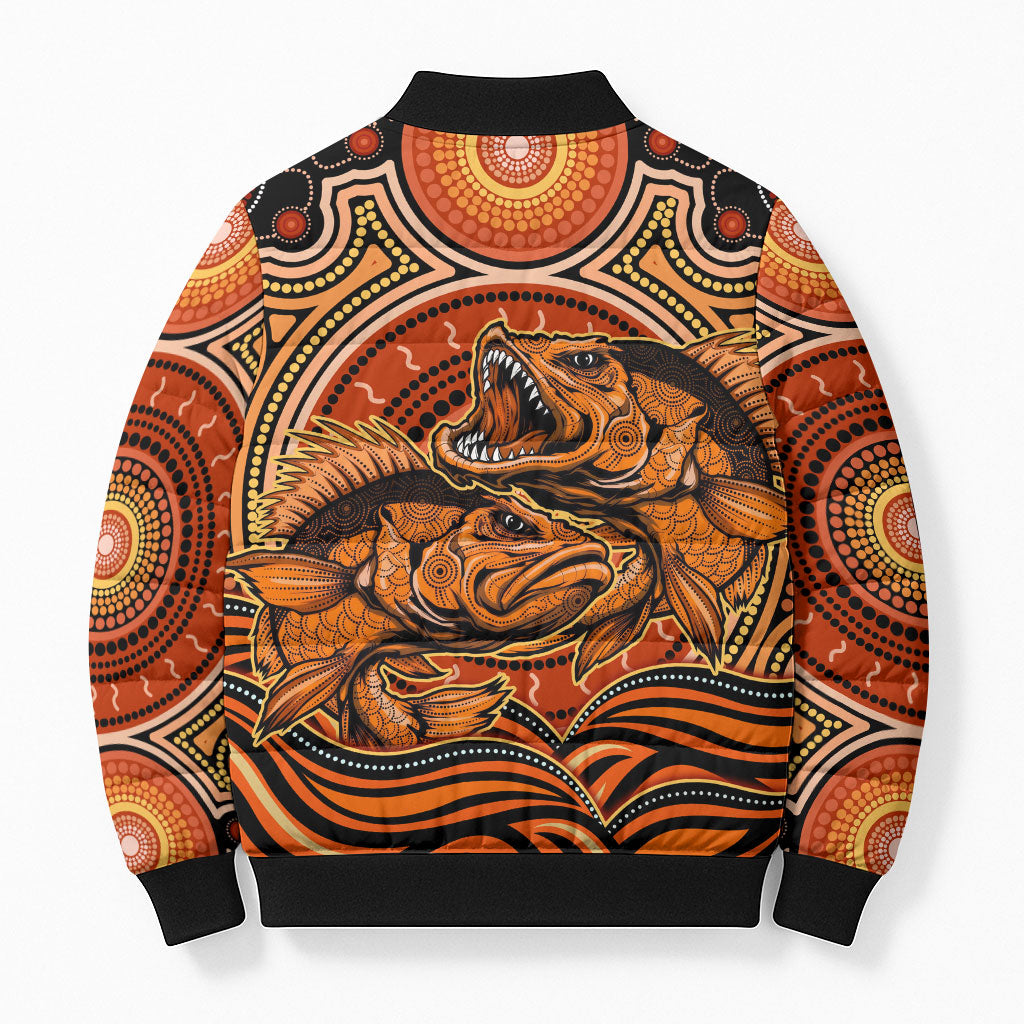 Barramundi Fish Bomber Puffer Jacket Aboriginal Dot Art Indigenous Pattern