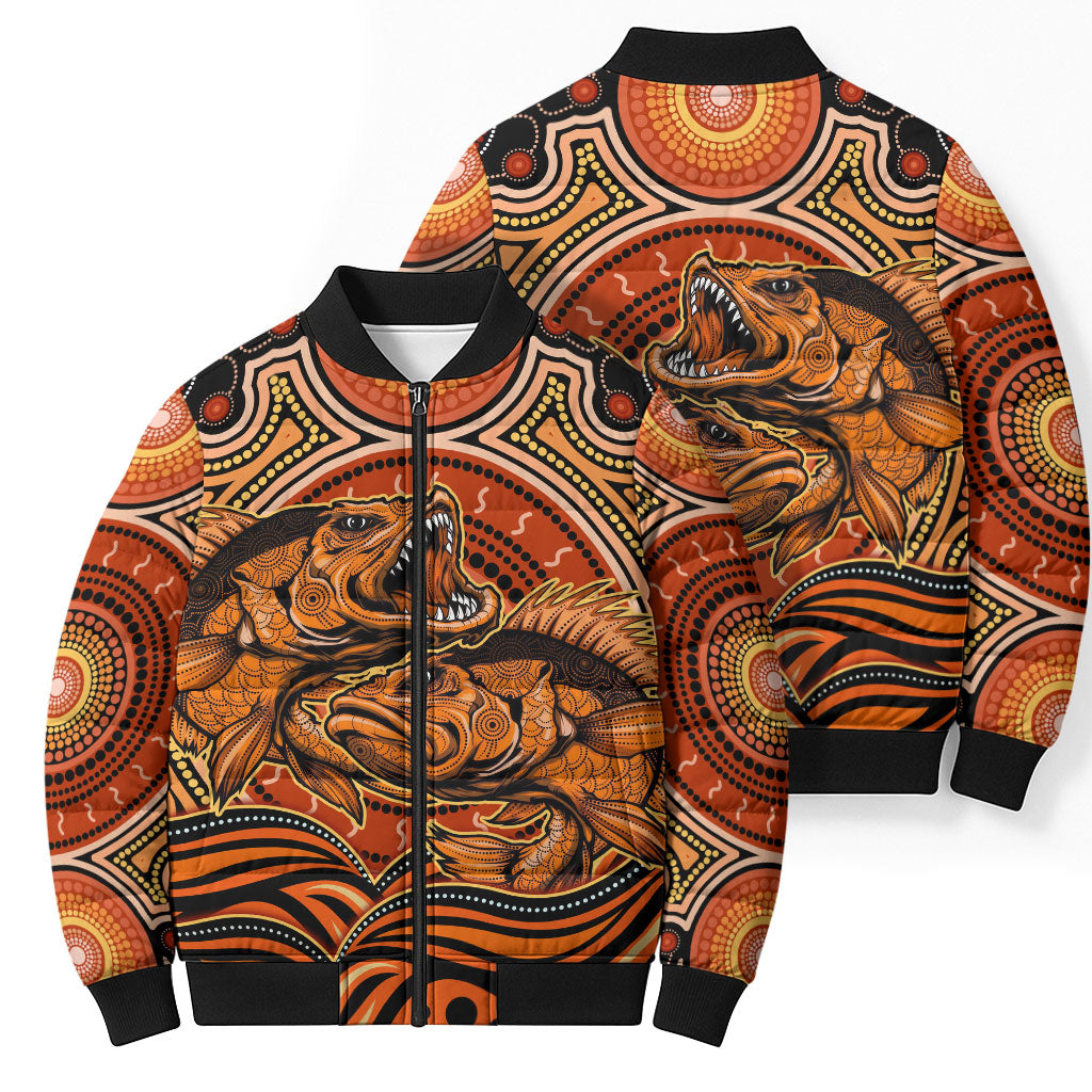 Barramundi Fish Bomber Puffer Jacket Aboriginal Dot Art Indigenous Pattern