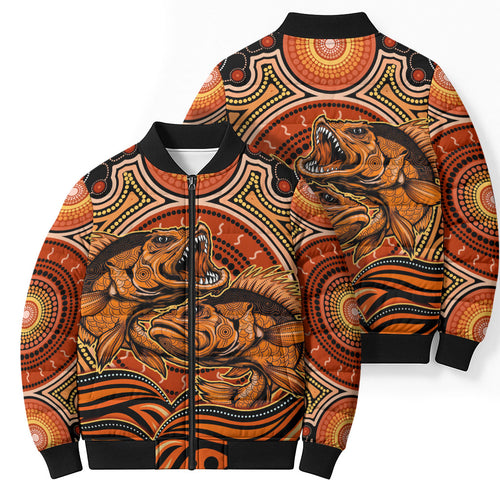 Barramundi Fish Bomber Puffer Jacket Aboriginal Dot Art Indigenous Pattern