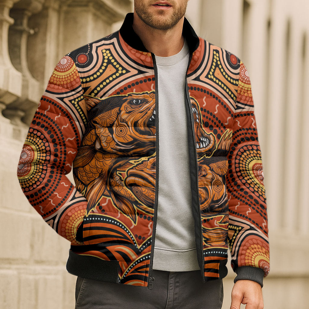 Barramundi Fish Bomber Puffer Jacket Aboriginal Dot Art Indigenous Pattern