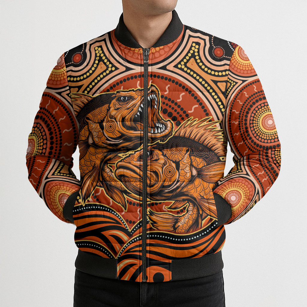 Barramundi Fish Bomber Puffer Jacket Aboriginal Dot Art Indigenous Pattern