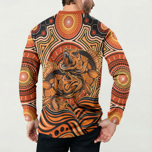 Barramundi Fish Button Sweatshirt Aboriginal Dot Art Indigenous Pattern