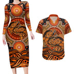 Barramundi Fish Couples Matching Long Sleeve Bodycon Dress and Hawaiian Shirt Aboriginal Dot Art Indigenous Pattern