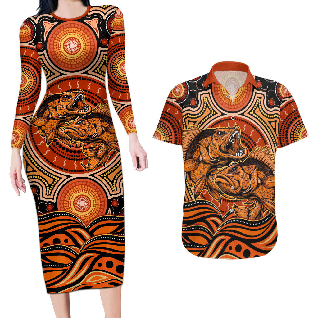 Barramundi Fish Couples Matching Long Sleeve Bodycon Dress and Hawaiian Shirt Aboriginal Dot Art Indigenous Pattern