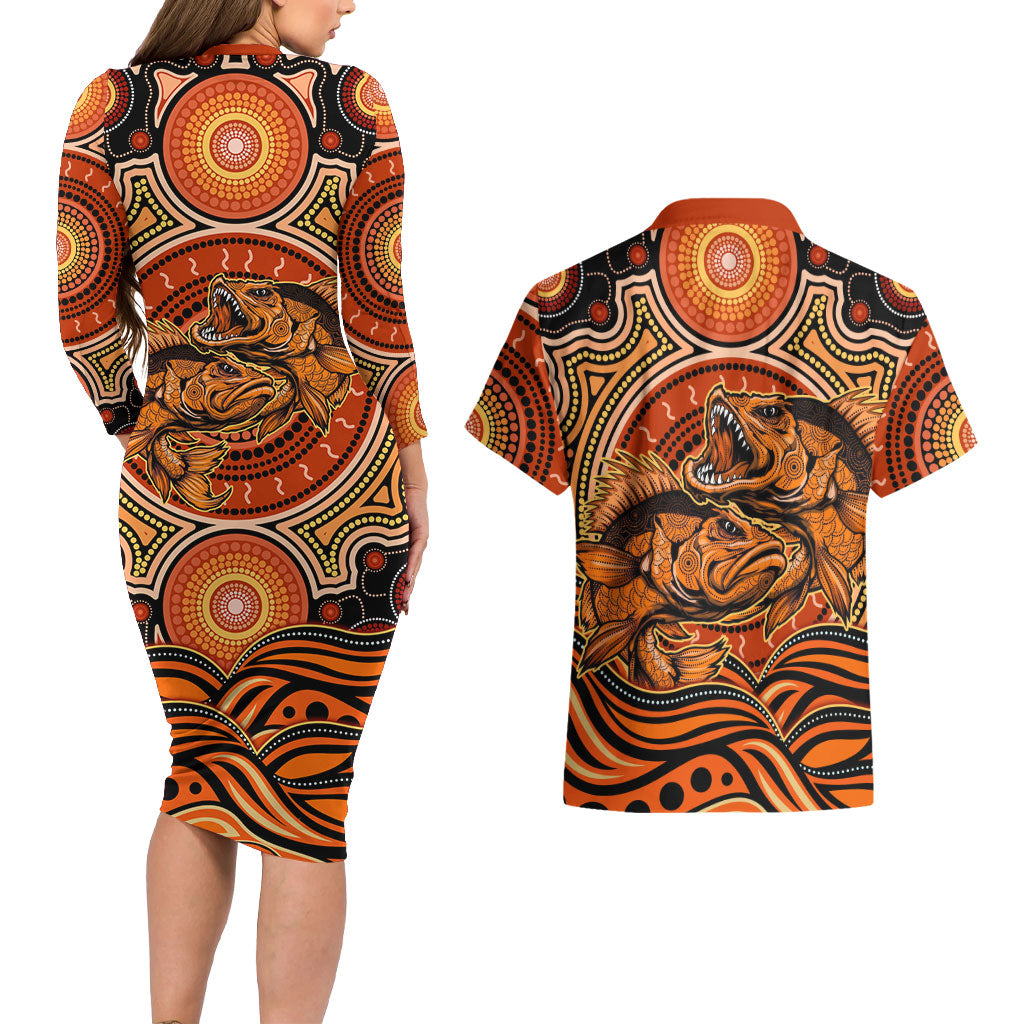 Barramundi Fish Couples Matching Long Sleeve Bodycon Dress and Hawaiian Shirt Aboriginal Dot Art Indigenous Pattern