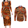 Barramundi Fish Couples Matching Long Sleeve Bodycon Dress and Long Sleeve Button Shirt Aboriginal Dot Art Indigenous Pattern
