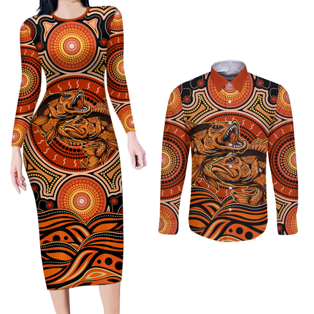 Barramundi Fish Couples Matching Long Sleeve Bodycon Dress and Long Sleeve Button Shirt Aboriginal Dot Art Indigenous Pattern
