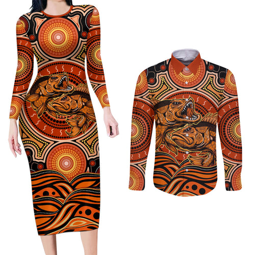Barramundi Fish Couples Matching Long Sleeve Bodycon Dress and Long Sleeve Button Shirt Aboriginal Dot Art Indigenous Pattern