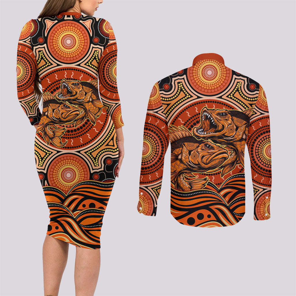 Barramundi Fish Couples Matching Long Sleeve Bodycon Dress and Long Sleeve Button Shirt Aboriginal Dot Art Indigenous Pattern