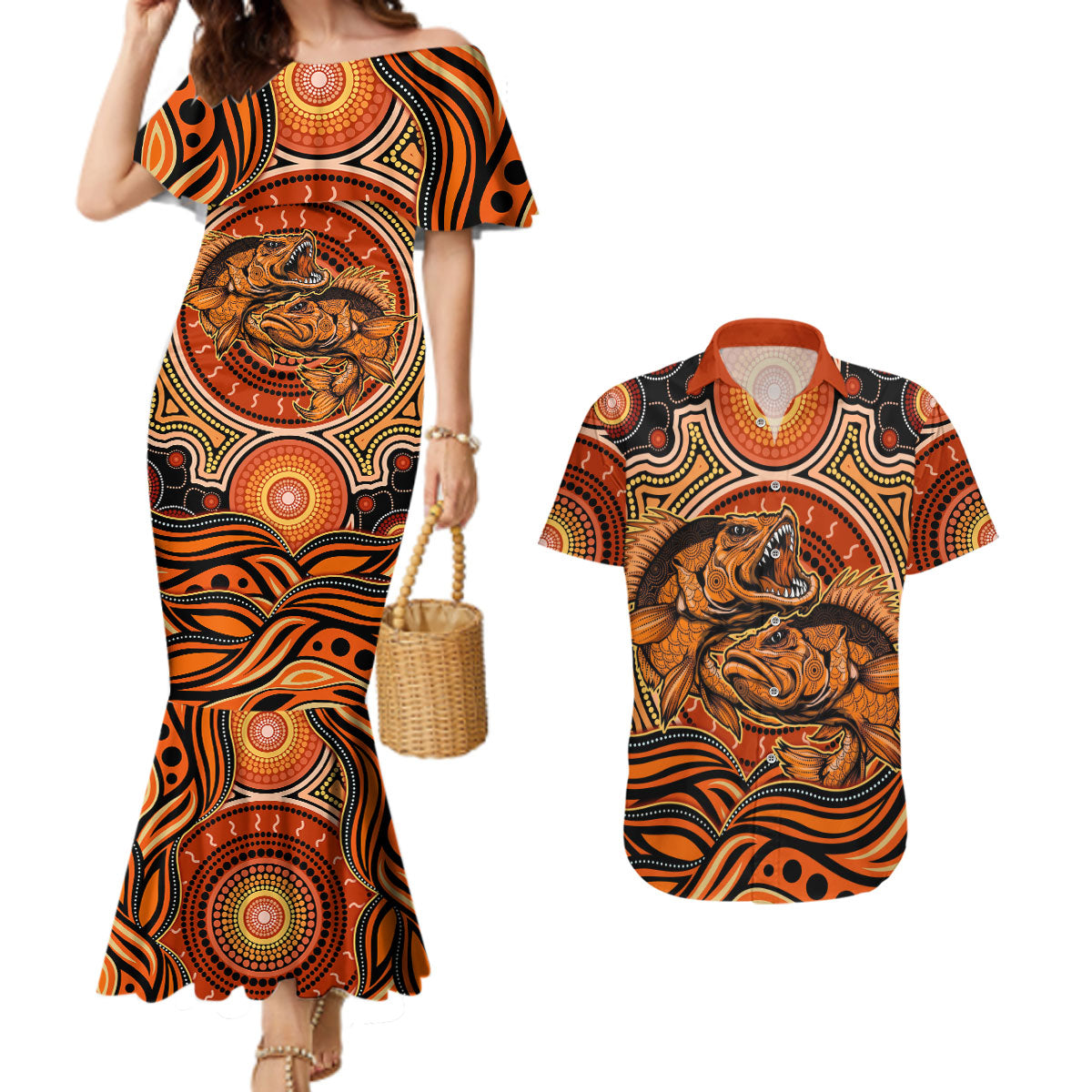 Barramundi Fish Couples Matching Mermaid Dress and Hawaiian Shirt Aboriginal Dot Art Indigenous Pattern