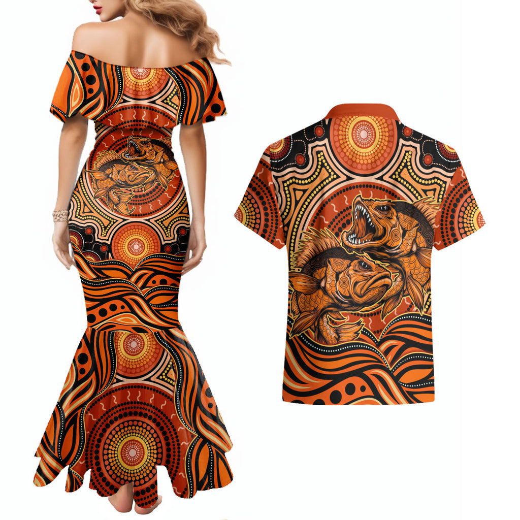 Barramundi Fish Couples Matching Mermaid Dress and Hawaiian Shirt Aboriginal Dot Art Indigenous Pattern
