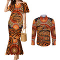 Barramundi Fish Couples Matching Mermaid Dress and Long Sleeve Button Shirt Aboriginal Dot Art Indigenous Pattern