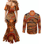 Barramundi Fish Couples Matching Mermaid Dress and Long Sleeve Button Shirt Aboriginal Dot Art Indigenous Pattern