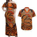 Barramundi Fish Couples Matching Off Shoulder Maxi Dress and Hawaiian Shirt Aboriginal Dot Art Indigenous Pattern