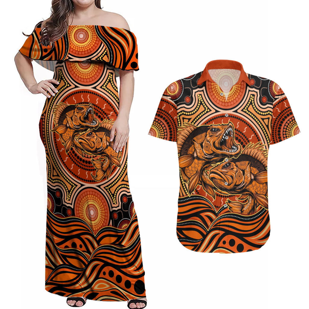 Barramundi Fish Couples Matching Off Shoulder Maxi Dress and Hawaiian Shirt Aboriginal Dot Art Indigenous Pattern