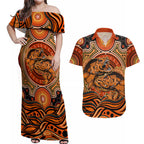 Barramundi Fish Couples Matching Off Shoulder Maxi Dress and Hawaiian Shirt Aboriginal Dot Art Indigenous Pattern