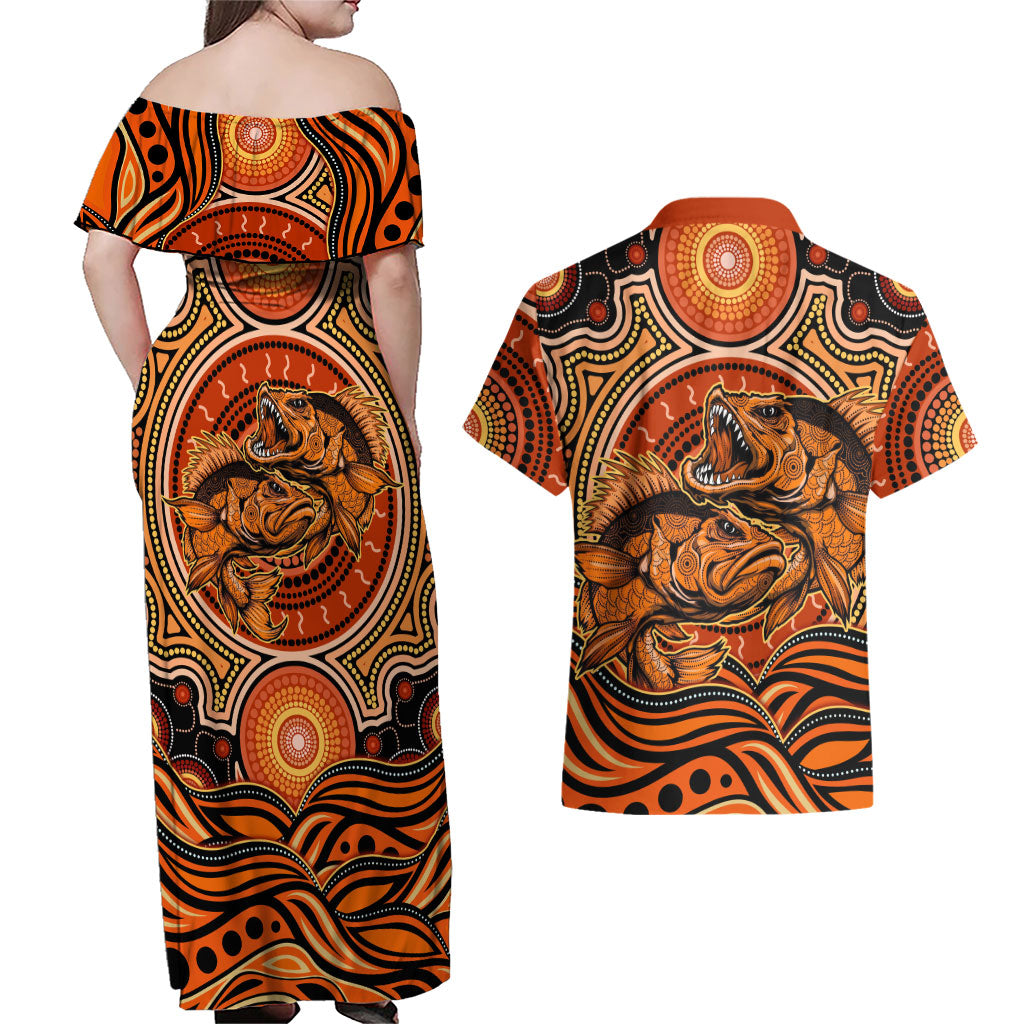 Barramundi Fish Couples Matching Off Shoulder Maxi Dress and Hawaiian Shirt Aboriginal Dot Art Indigenous Pattern