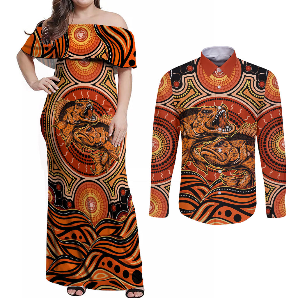 Barramundi Fish Couples Matching Off Shoulder Maxi Dress and Long Sleeve Button Shirt Aboriginal Dot Art Indigenous Pattern