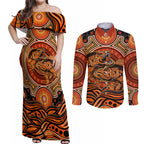 Barramundi Fish Couples Matching Off Shoulder Maxi Dress and Long Sleeve Button Shirt Aboriginal Dot Art Indigenous Pattern