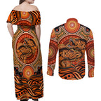 Barramundi Fish Couples Matching Off Shoulder Maxi Dress and Long Sleeve Button Shirt Aboriginal Dot Art Indigenous Pattern