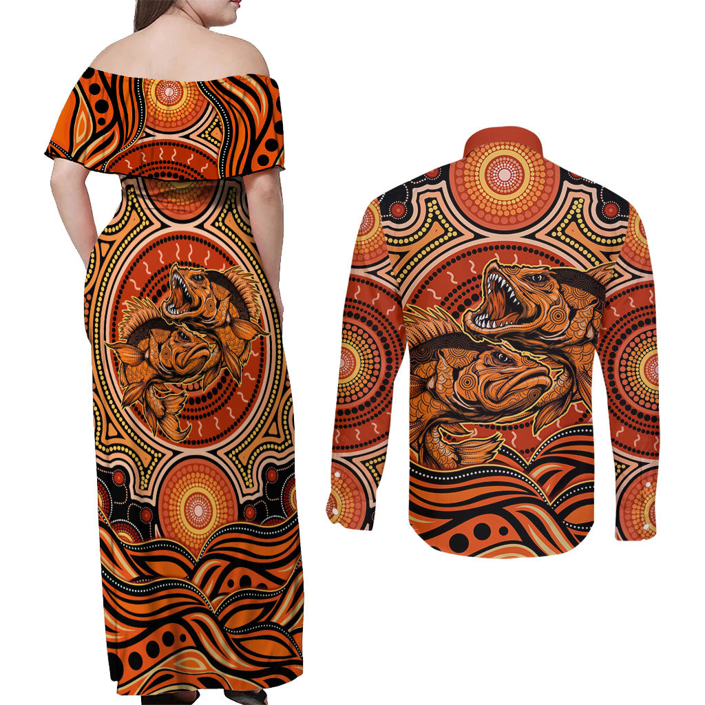 Barramundi Fish Couples Matching Off Shoulder Maxi Dress and Long Sleeve Button Shirt Aboriginal Dot Art Indigenous Pattern
