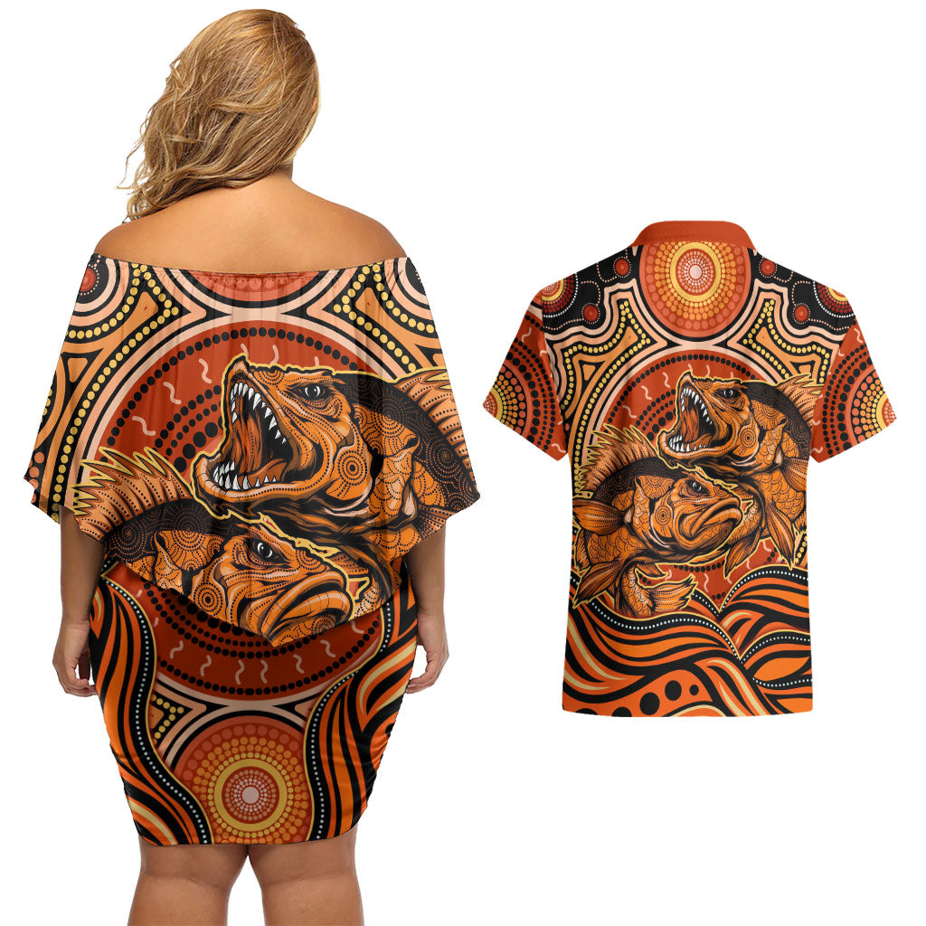 Barramundi Fish Couples Matching Off Shoulder Short Dress and Hawaiian Shirt Aboriginal Dot Art Indigenous Pattern