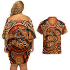 Barramundi Fish Couples Matching Off Shoulder Short Dress and Hawaiian Shirt Aboriginal Dot Art Indigenous Pattern