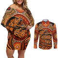 Barramundi Fish Couples Matching Off Shoulder Short Dress and Long Sleeve Button Shirt Aboriginal Dot Art Indigenous Pattern