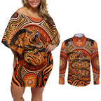Barramundi Fish Couples Matching Off Shoulder Short Dress and Long Sleeve Button Shirt Aboriginal Dot Art Indigenous Pattern