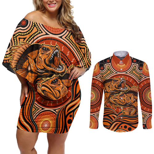 Barramundi Fish Couples Matching Off Shoulder Short Dress and Long Sleeve Button Shirt Aboriginal Dot Art Indigenous Pattern