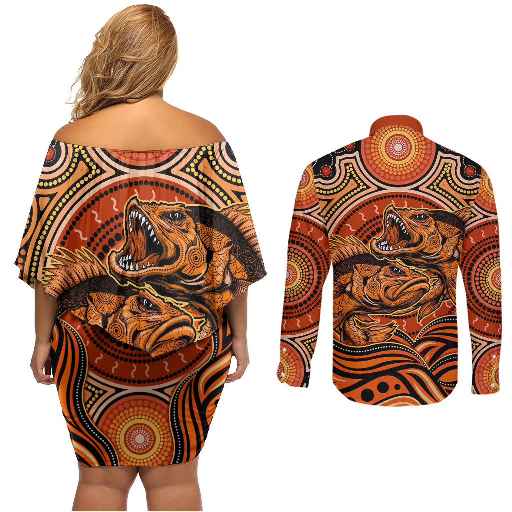Barramundi Fish Couples Matching Off Shoulder Short Dress and Long Sleeve Button Shirt Aboriginal Dot Art Indigenous Pattern