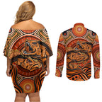 Barramundi Fish Couples Matching Off Shoulder Short Dress and Long Sleeve Button Shirt Aboriginal Dot Art Indigenous Pattern