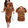 Barramundi Fish Couples Matching Off The Shoulder Long Sleeve Dress and Hawaiian Shirt Aboriginal Dot Art Indigenous Pattern