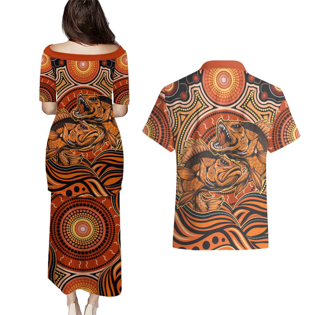 Barramundi Fish Couples Matching Puletasi and Hawaiian Shirt Aboriginal Dot Art Indigenous Pattern