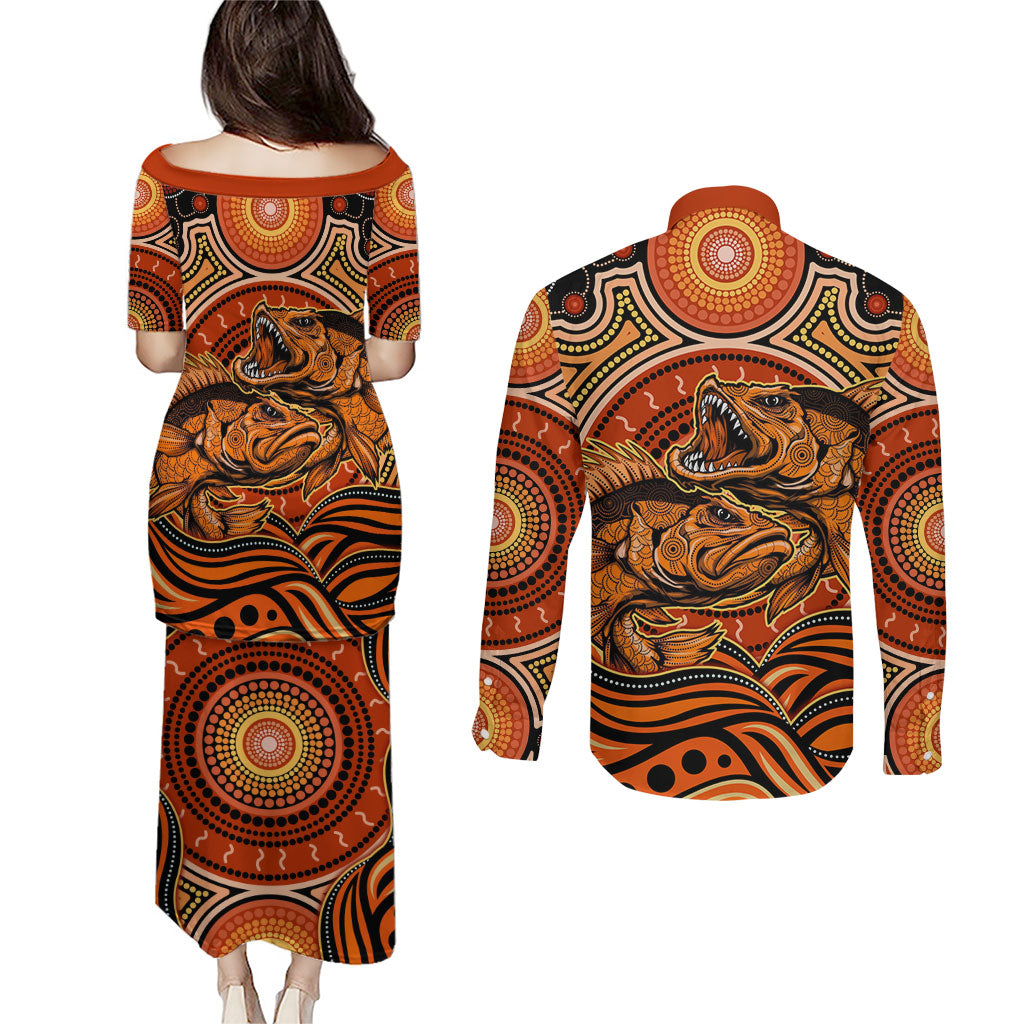 Barramundi Fish Couples Matching Puletasi and Long Sleeve Button Shirt Aboriginal Dot Art Indigenous Pattern